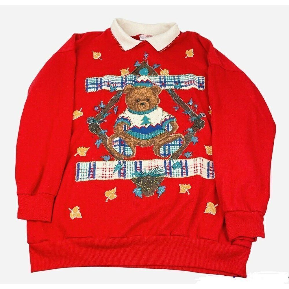 Vintage Act III Collared Sweatshirt Teddy Bear Christmas Autumn Ugly Grandma